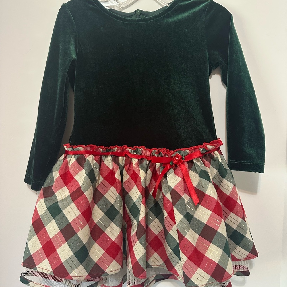 Green Velvet Dress with Plaid Skirt Sz 24M EUC